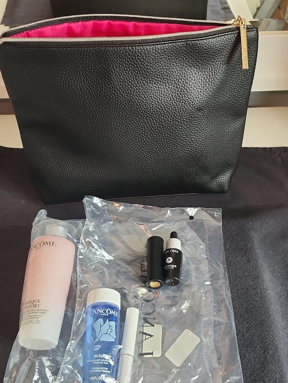 Lancome Black Cosmetic Bag with Pink Lining and Skincare Minis